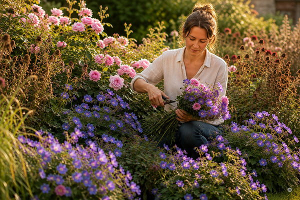 Geranium 'Rozanne' in der Staudenrabatte zwischen Gräsern und Stauden