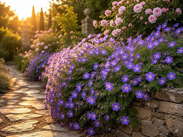 Geranium 'Rozanne' als Unterpflanzung unter Rosen