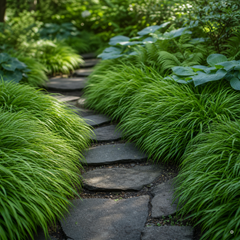 Hakonechloa macra als Wegeinfassung an Trittsteinen im Schattengarten