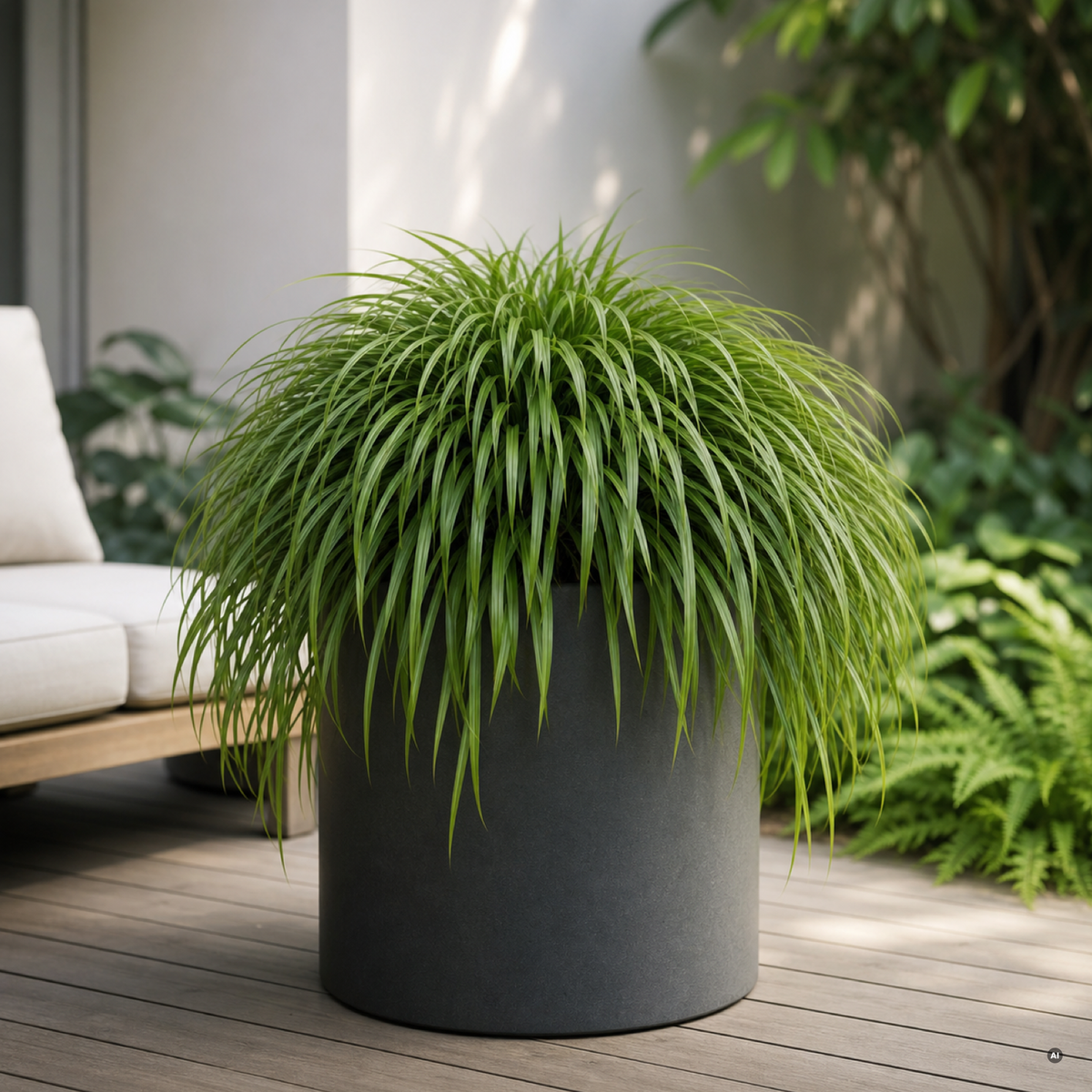 Japanisches Berggras im hohen Kübel auf einer schattigen Terrasse