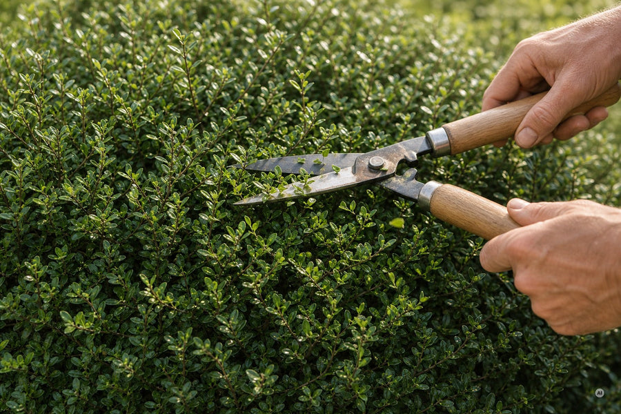 Formschnitt an einer Berg-Ilex-Hecke mit der Heckenschere, Schnittgut fällt