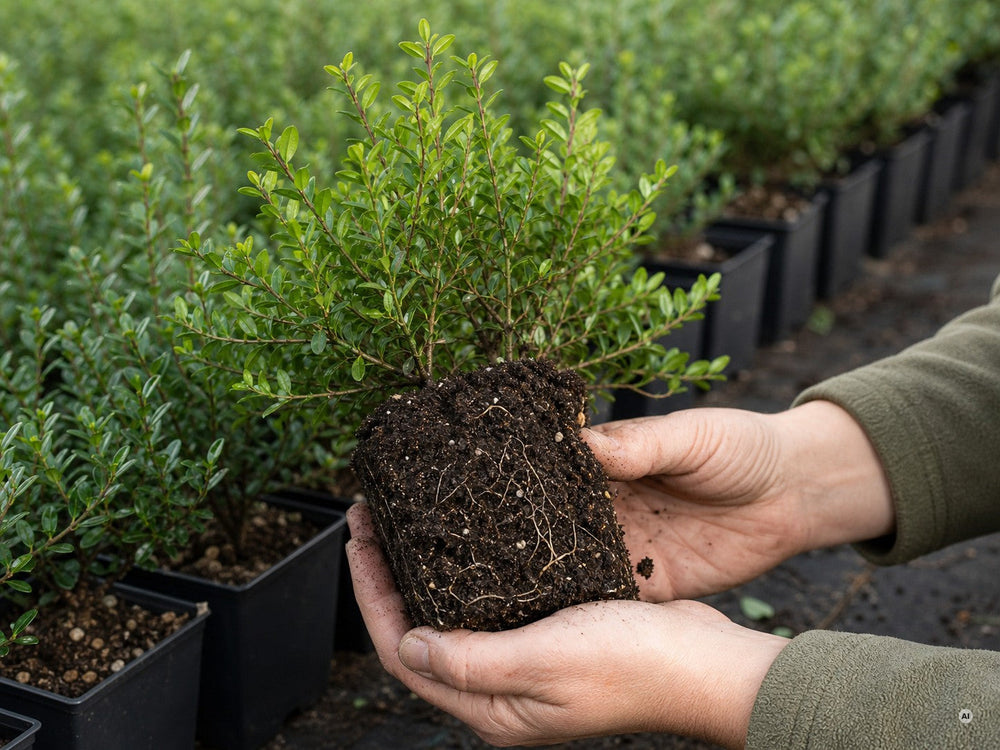 Hand hält eine ausgetopfte Berg-Ilex-Jungpflanze mit dicht durchwurzeltem Ballen vor dem Freiland-Quartier