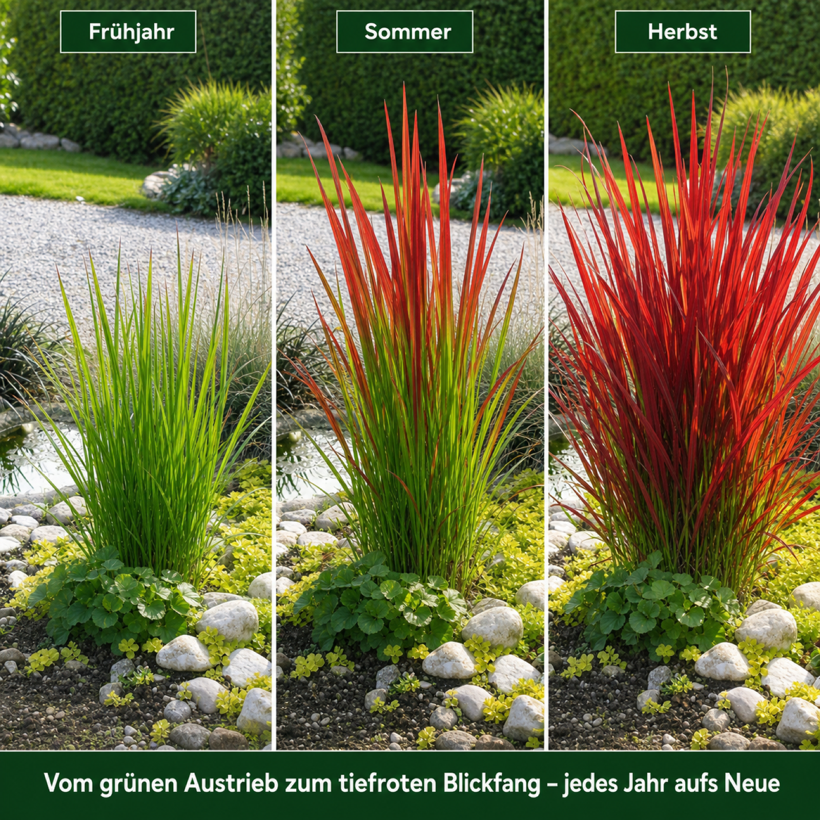 Farbentwicklung des Japanischen Blutgrases 'Red Baron' im Verlauf der Saison