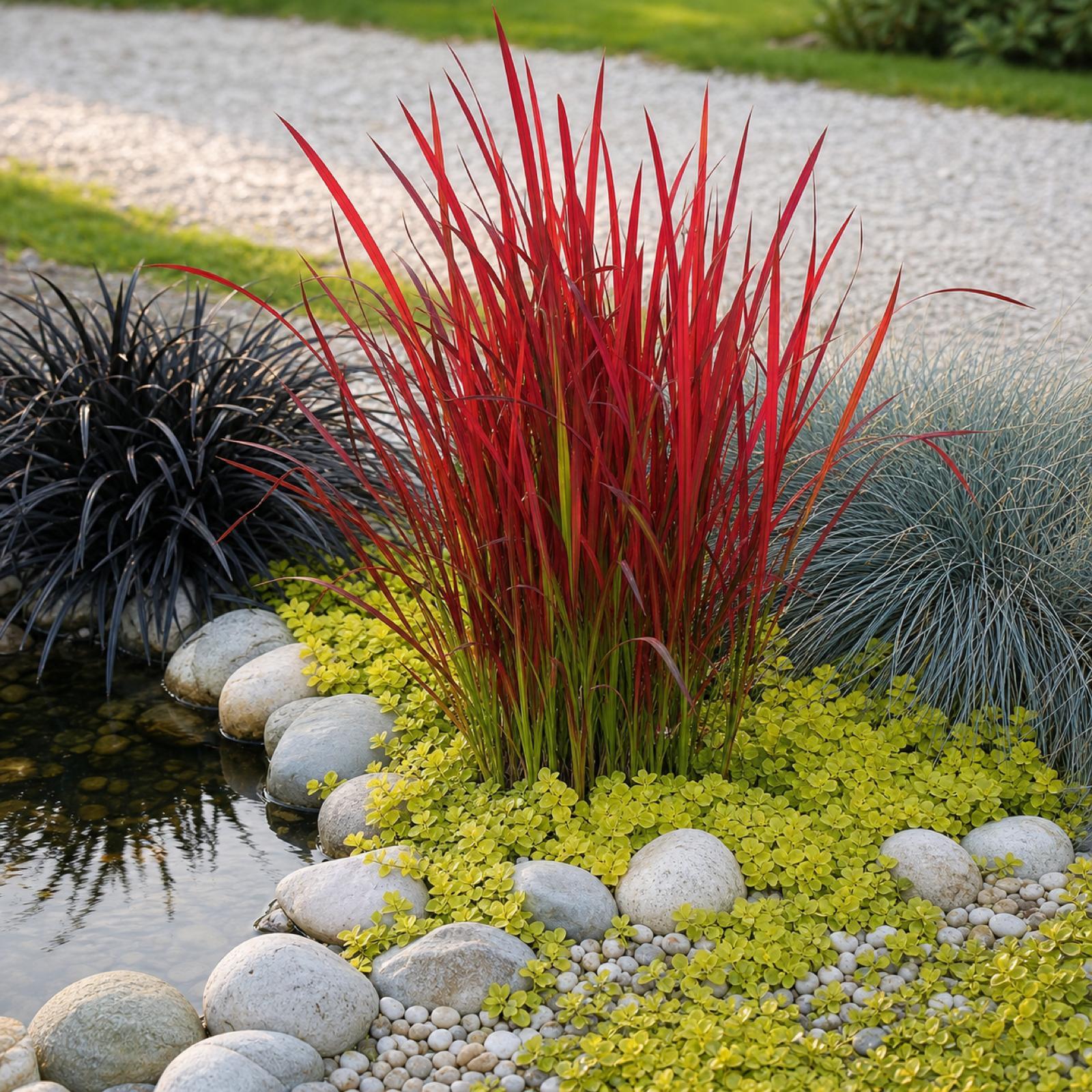 Japanisches Blutgras 'Red Baron' am Teichrand im Steingarten