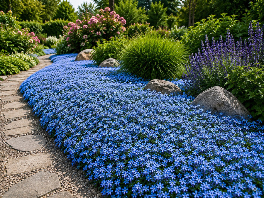Blauer Bubikopf in voller Blüte – hellblaue Sternblüten über Monate
