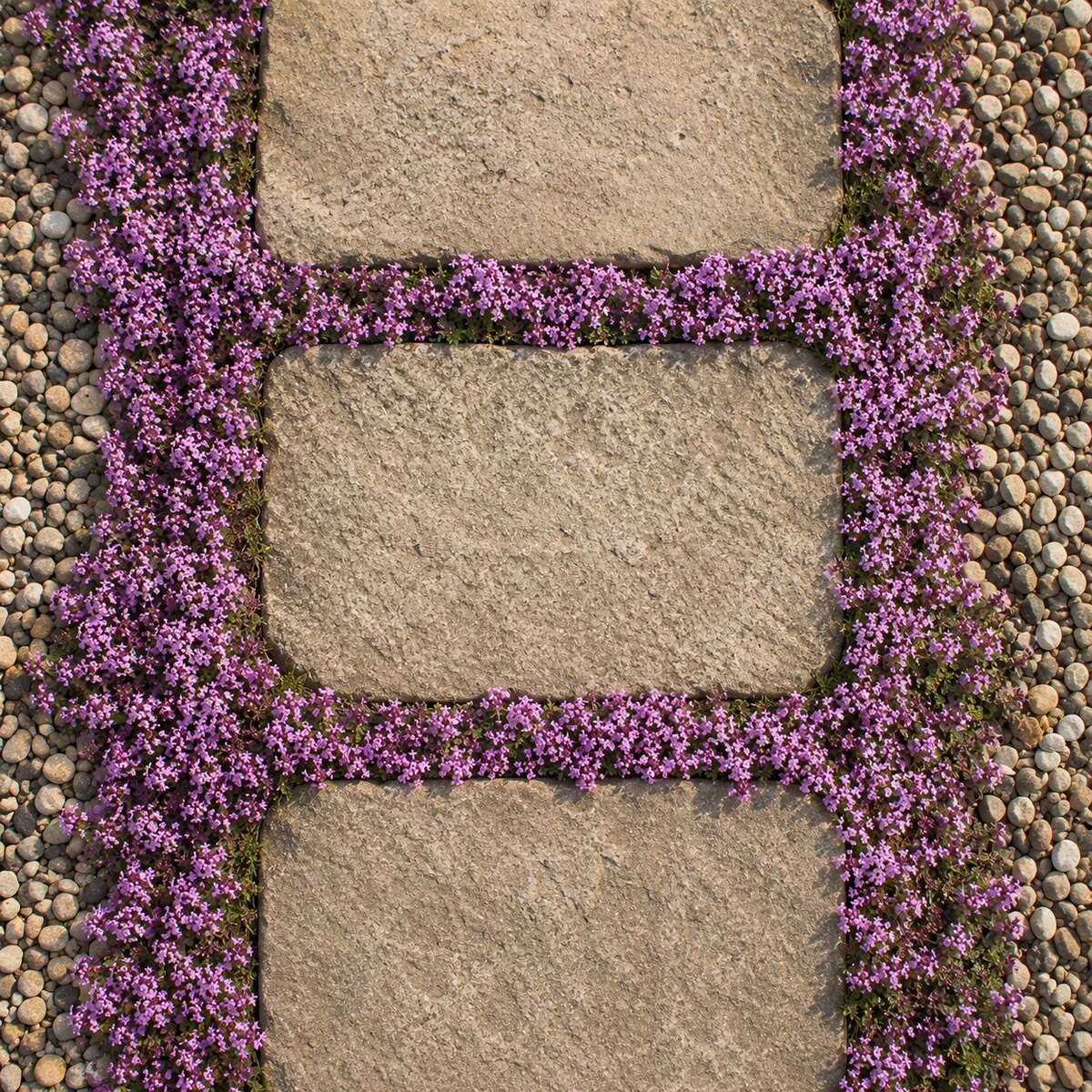 Natursteinplatten mit blühendem Polsterthymian in den Fugen