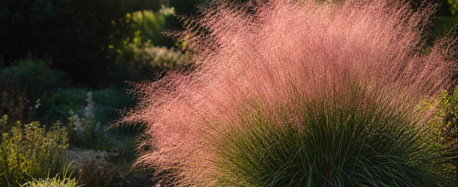 Rosa Haargras Muhlenbergia capillaris rosa Bluetenwolke im Herbst