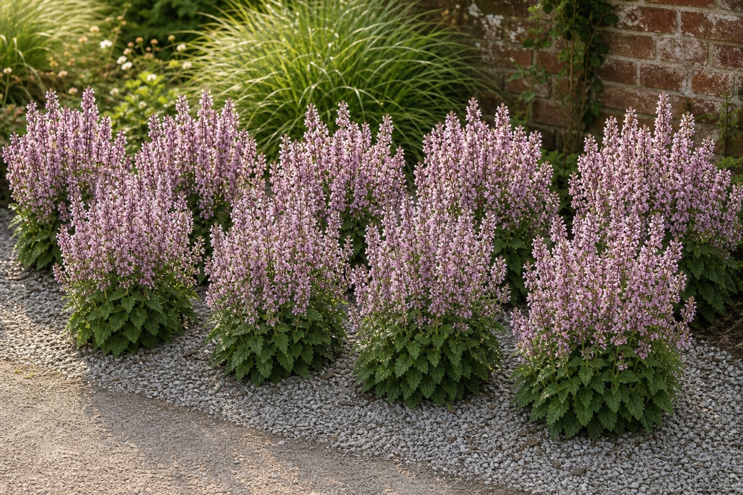 Gruppenpflanzung der Nepeta sibirica ‚Serene Wild Orchid' Sibirischen Katzenminze am sonnigen Beetrand mit Kiesmulch, von Stauden Gänge.
