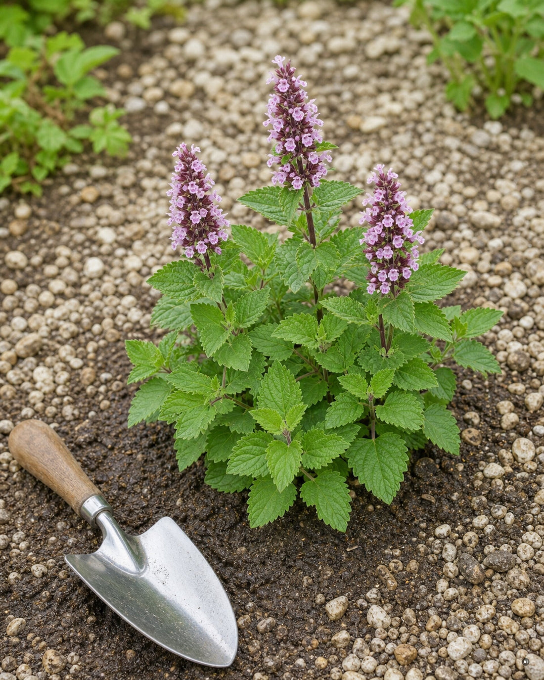 Frisch gepflanzte Nepeta sibirica ‚Serene Wild Orchid' Sibirische Katzenminze mit Pflanzkelle als Größenvergleich, von Stauden Gänge.