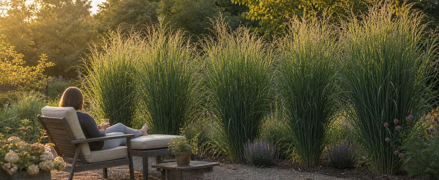 Panicum virgatum Northwind als hohe Gräserwand hinter einem Loungesessel auf der Terrasse im Abendlicht