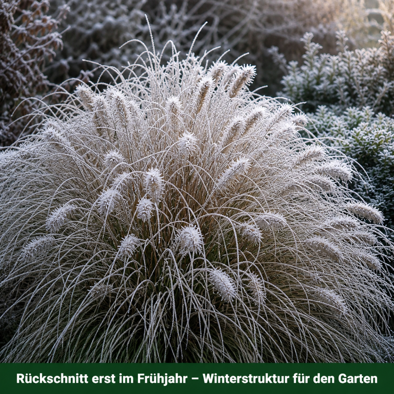 Pennisetum alopecuroides mit dekorativem Raureif im Winter