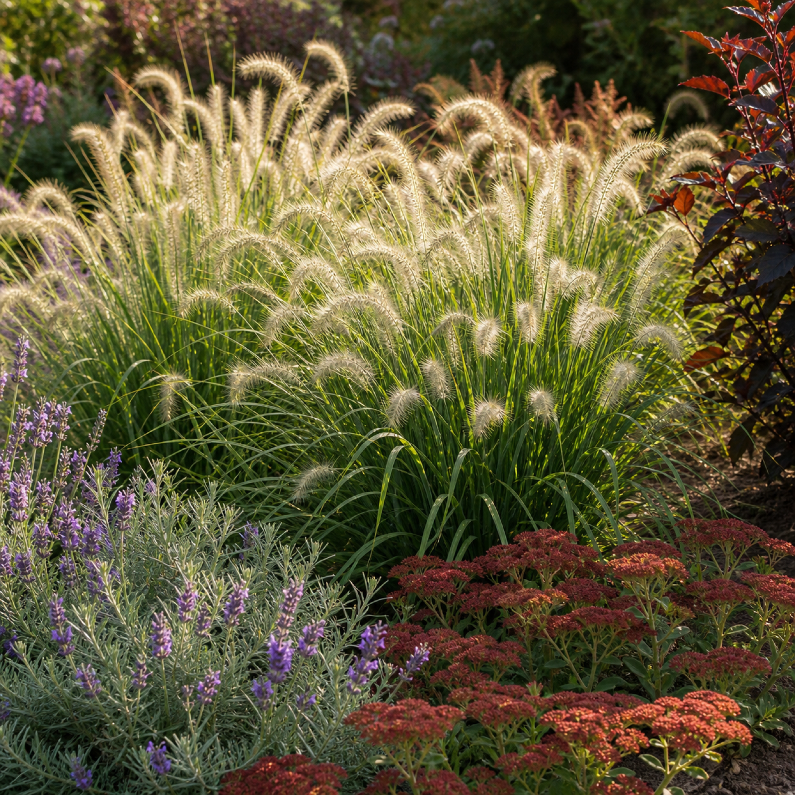 Lampenputzergras kombiniert mit Lavendel und Sedum im Staudenbeet