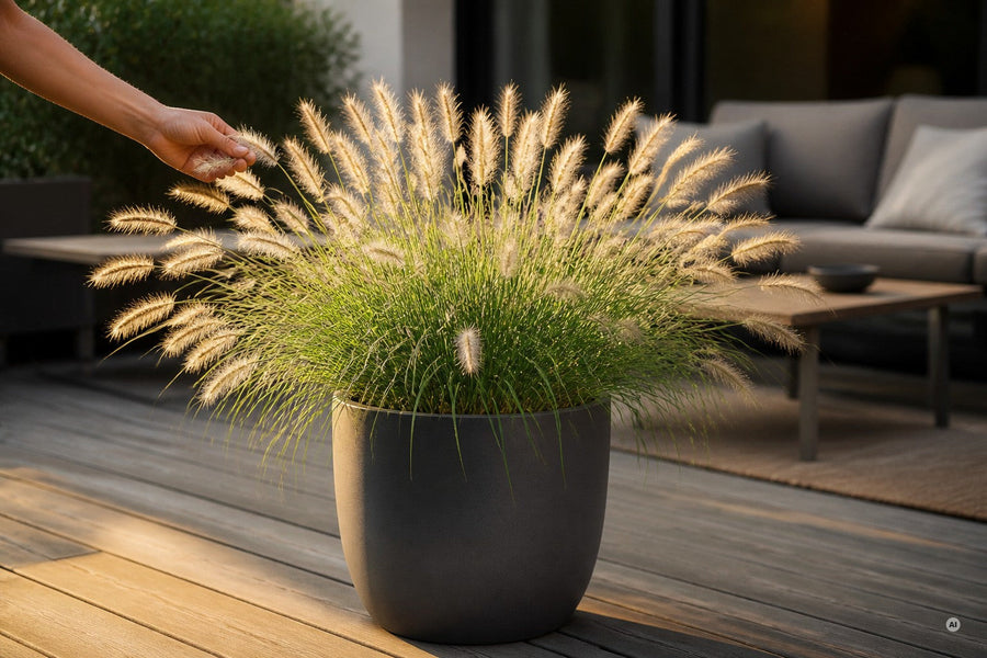 Lampenputzergras in einem anthrazitfarbenen Kübel auf der Holzterrasse, eine Hand berührt die Ähren