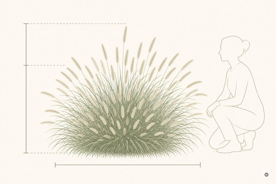Maßgrafik Lampenputzergras: Horst mit Maßlinien und knieender Person als Größenvergleich