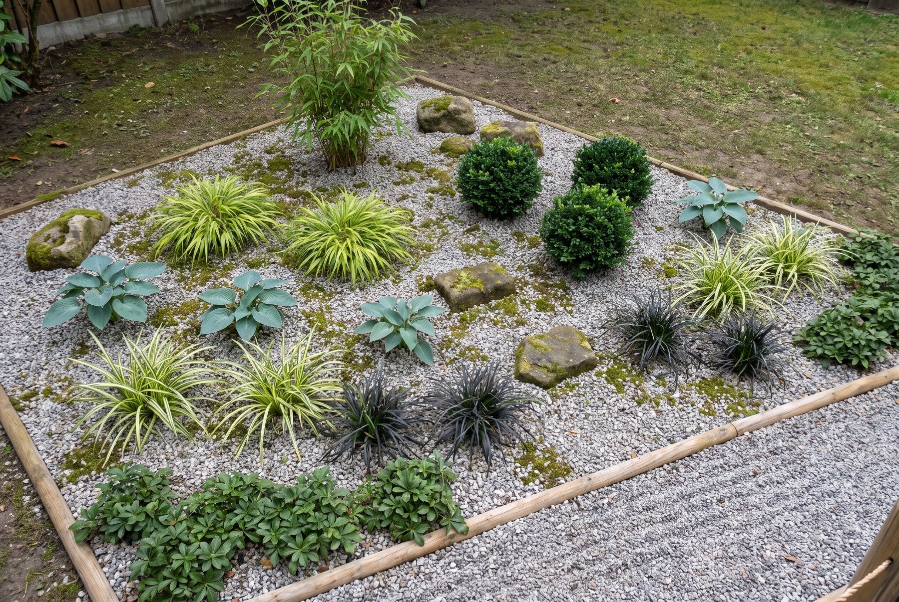 Pflanzplan Japangarten: Bepflanzungsbeispiel fuer 10 Quadratmeter mit Bambus, Berggras, Ilex-Kugeln, Funkien und Dickmaennchen