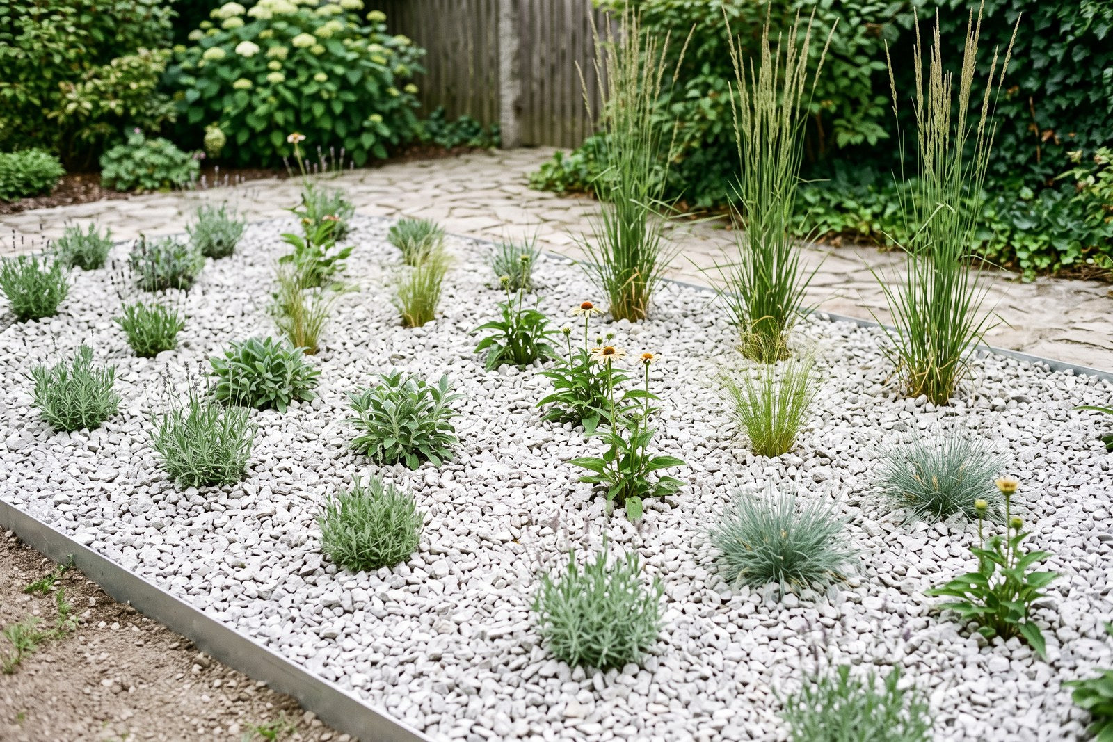 Frisch bepflanztes Kiesbeet mit hellem Splitt, Lavendel, Blauschwingel und hohen Ziergräsern in regelmäßigen Pflanzabständen