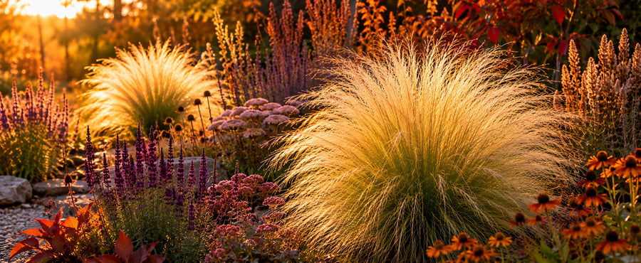 Federgras 'Pony Tails' goldblond in der herbstlichen Rabatte