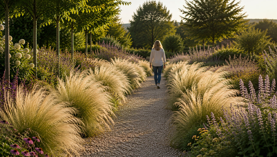 Federgras 'Pony Tails' als Massenpflanzung entlang eines Gartenwegs