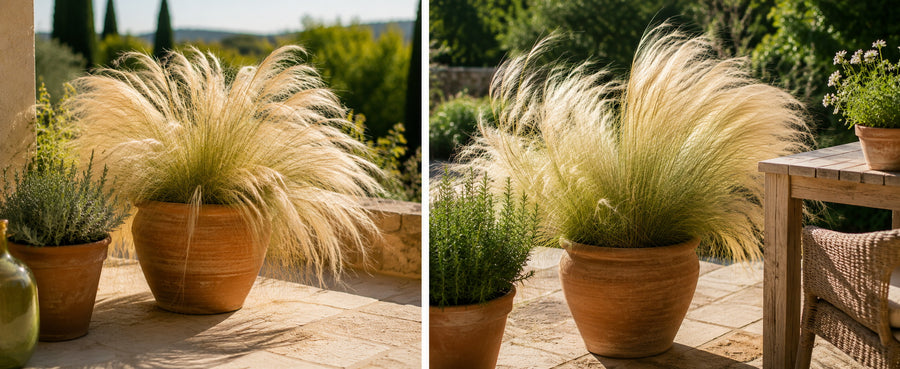Federgras 'Pony Tails' im Terrakotta-Kübel auf der Terrasse