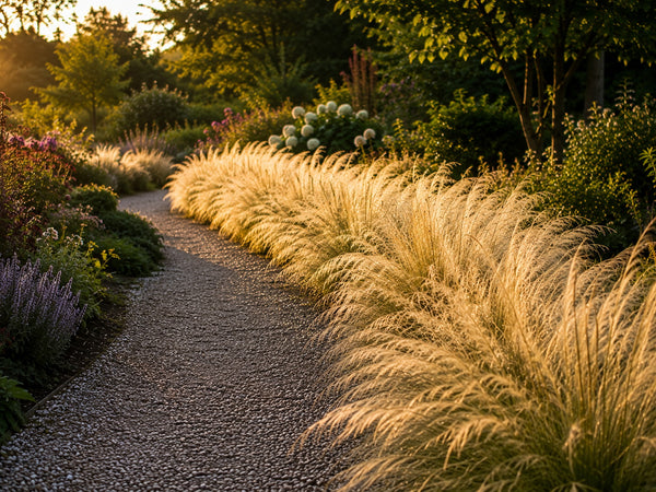 Federgras-Massenpflanzung säumt einen geschwungenen Gartenweg im Abendlicht