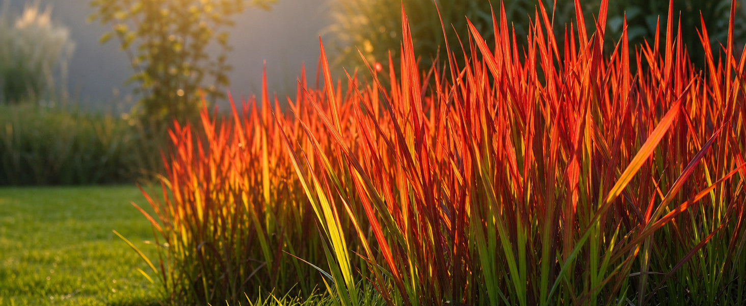 Rote Halme des Japanischen Blutgrases Imperata cylindrica 'Red Baron' leuchten im warmen Abendlicht am Rasenrand