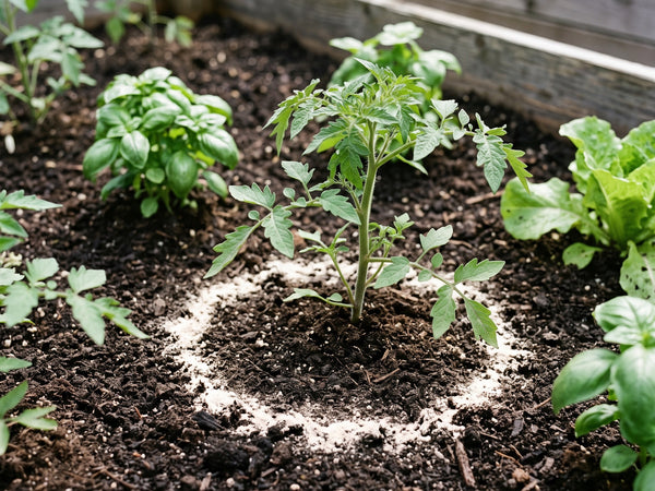 Ring aus Algenkalk-Pulver um eine junge Tomatenpflanze im Gemüsebeet