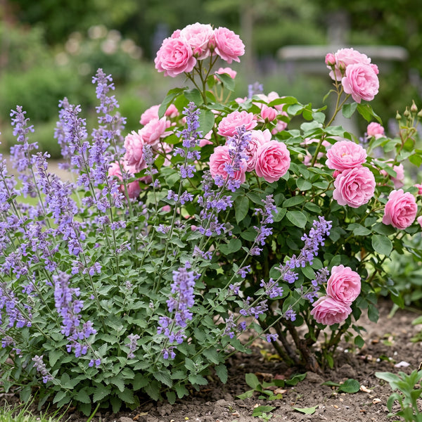 Katzenminze als Unterpflanzung am Fuß rosa blühender Rosen