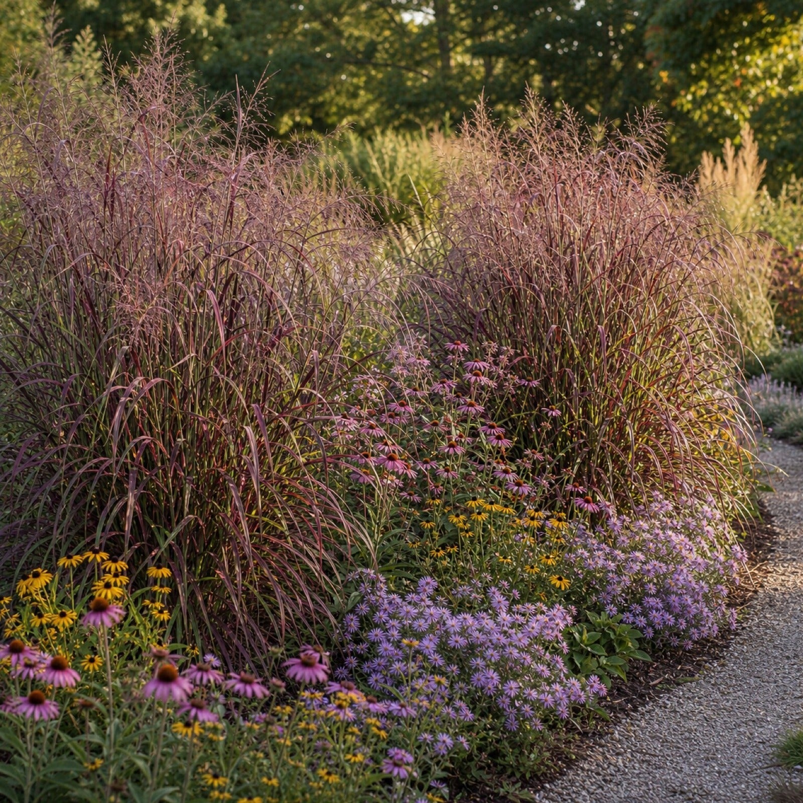 Panicum virgatum 'Squaw' im Präriebeet mit Echinacea, Rudbeckia und Astern