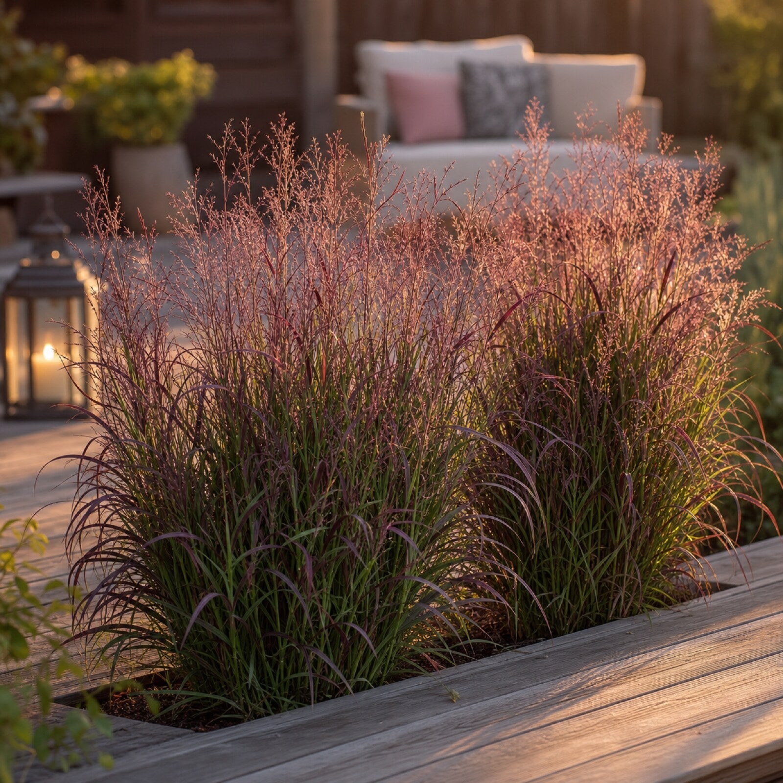 Panicum virgatum 'Squaw' als luftiger Sichtschutz im Hochbeet auf der Terrasse