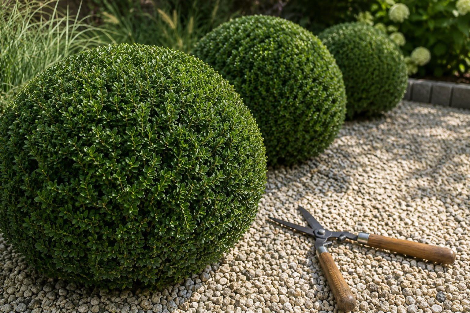 In Kugelform geschnittene Ilex crenata als Buchsbaum-Ersatz im Kiesbeet