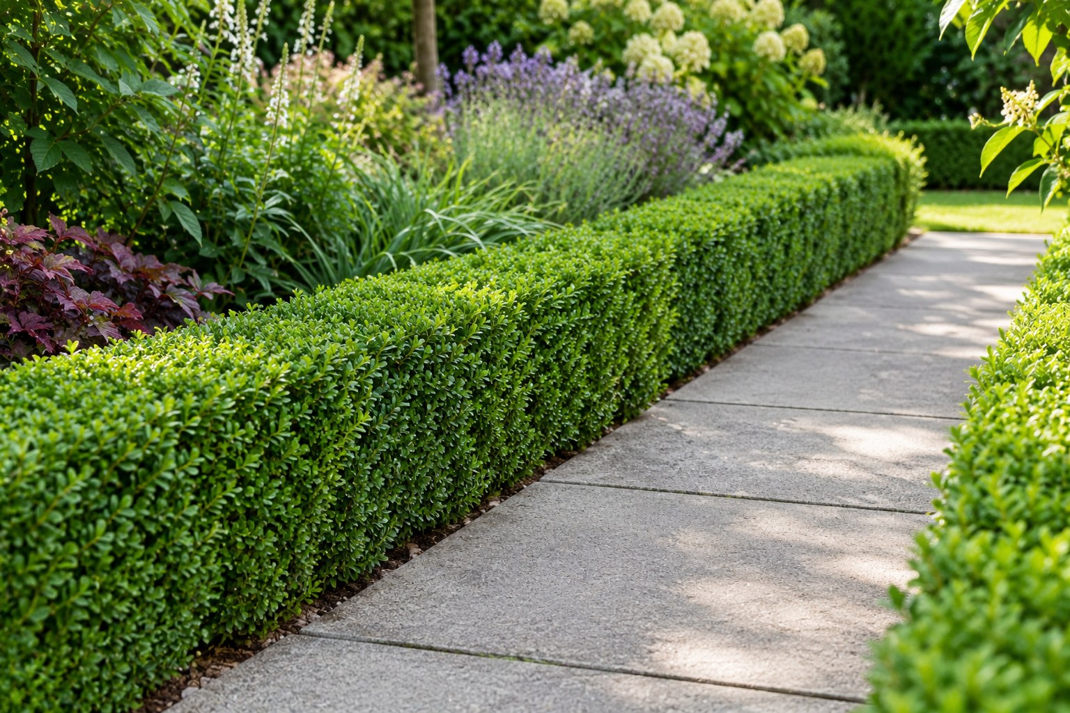 Niedrige geschnittene Einfassungshecke entlang eines gepflasterten Gartenwegs