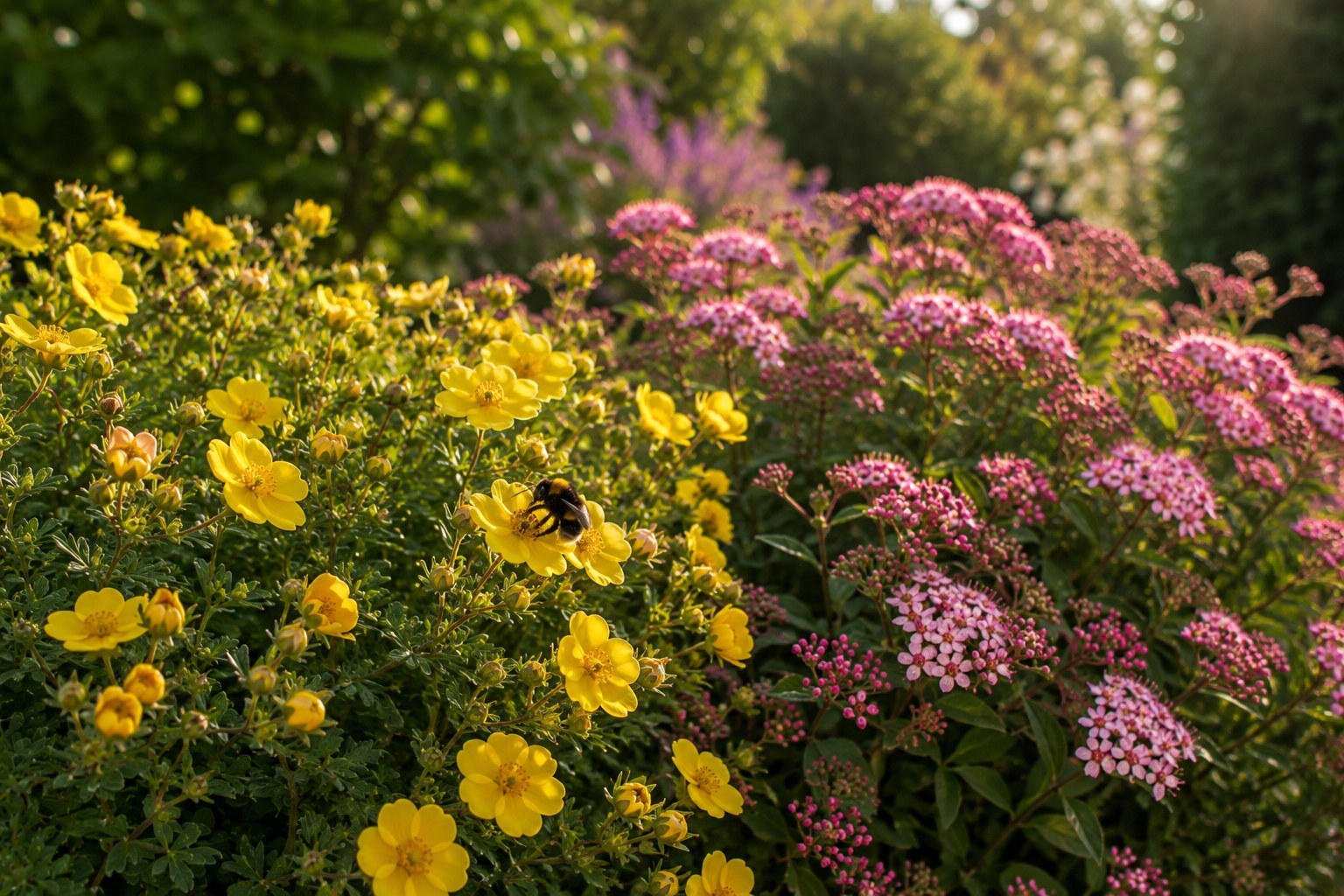 Blühender Fingerstrauch und rosa Sommerspiere mit Hummel