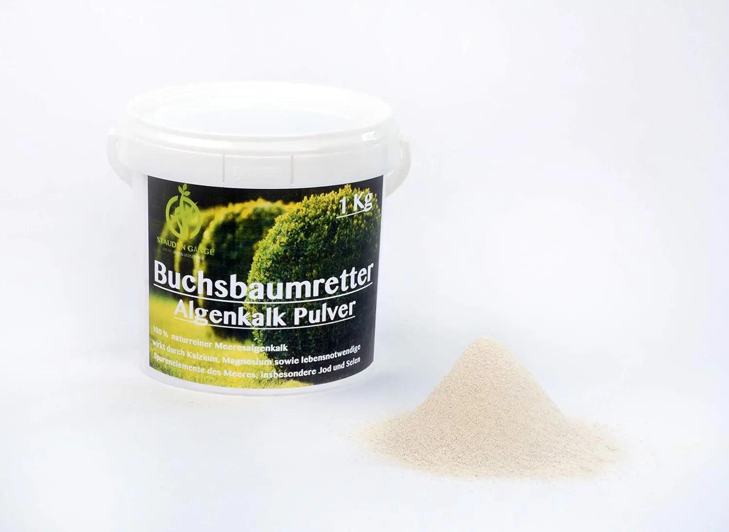 Stauden Gänge Algenkalk Pulver 1kg im Eimer, aus 100 % reinen Meeresalgen, für Garten- und Pflanzenpflege.