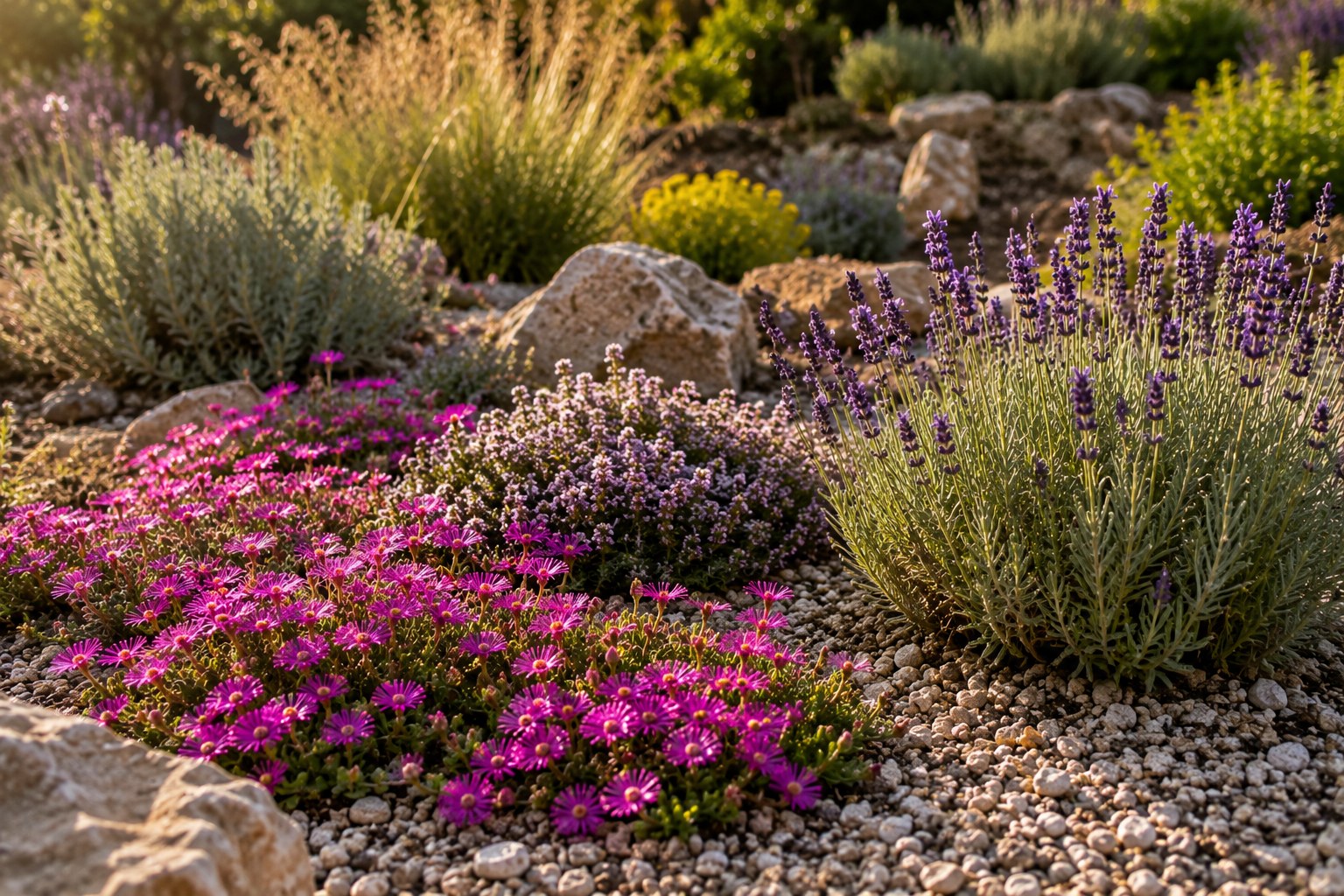 Trockenheitsresistente Stauden im Kiesbeet: Mittagsblume, Lavendel und Thymian