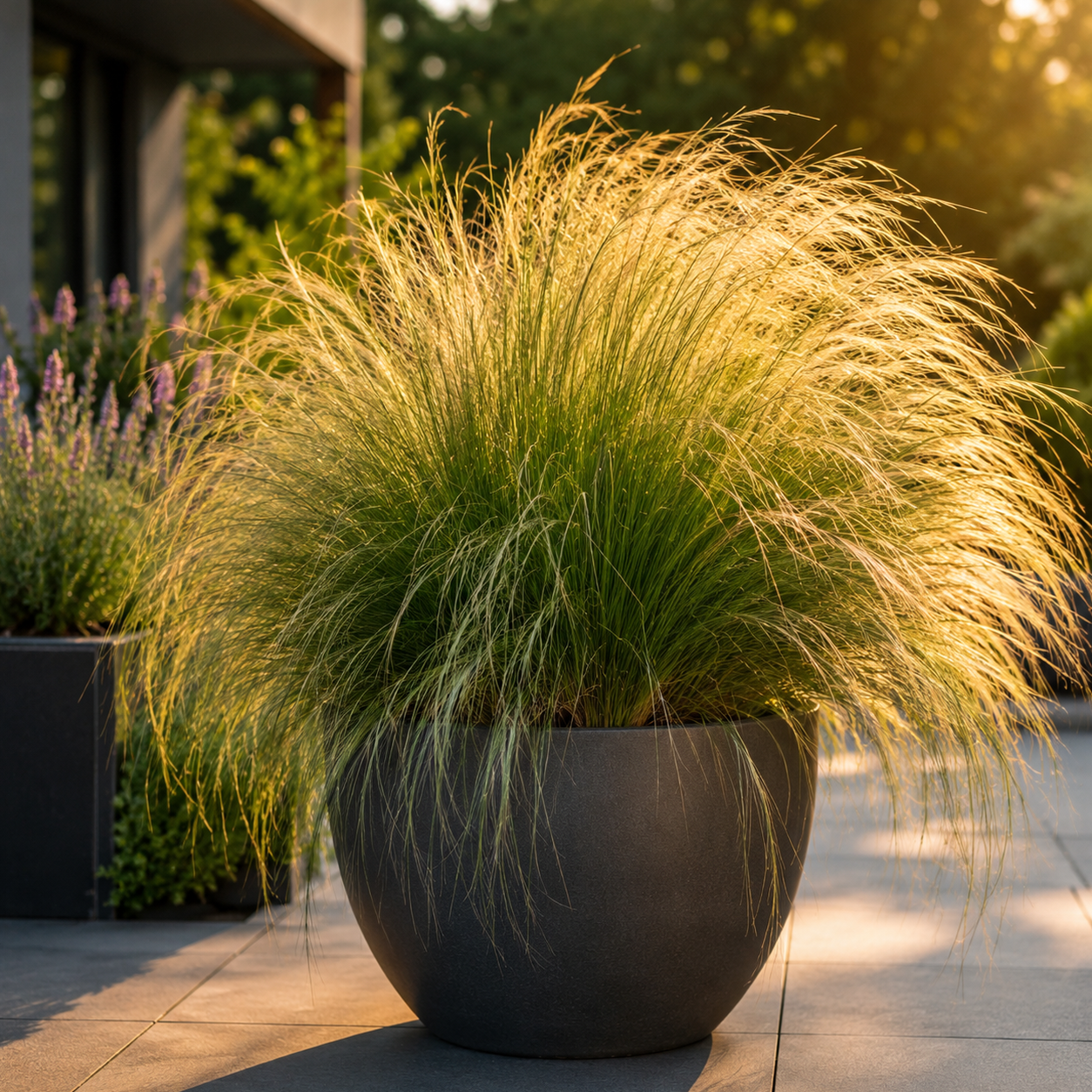 Ziergras Stipa tenuissima 'Pony Tails' von Stauden Gänge im anthrazitfarbenen Kübel auf der Terrasse.