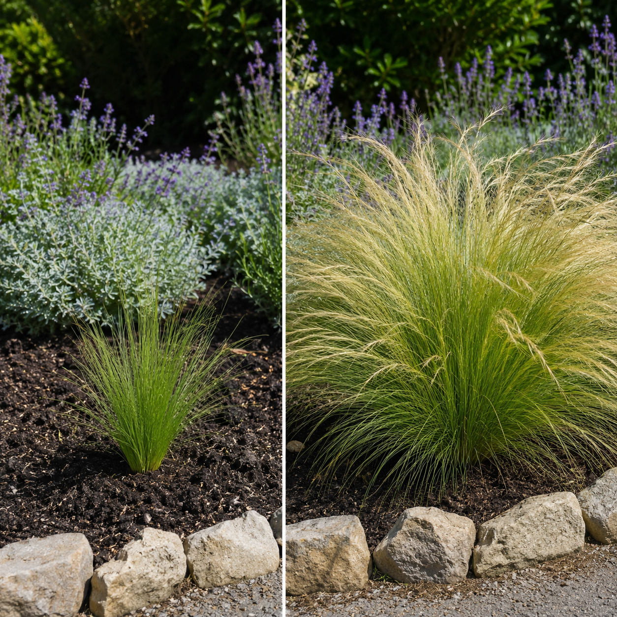 Stipa tenuissima 'Pony Tails' von Stauden Gänge im Vergleich: frisch gepflanzt und ausgewachsen im Kiesbeet.