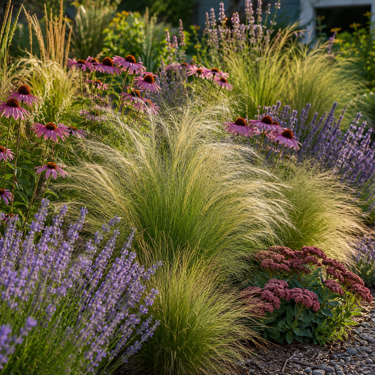 Ziergras Stipa tenuissima 'Pony Tails' von Stauden Gänge im Staudenbeet mit Echinacea, Lavendel und Sedum.