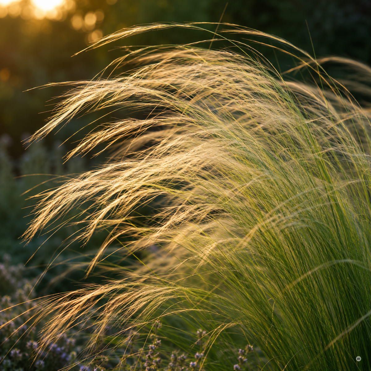 Federgras Stipa tenuissima 'Pony Tails' von Stauden Gänge, zartes Ziergras mit feinen, langen Halmen im Wind.