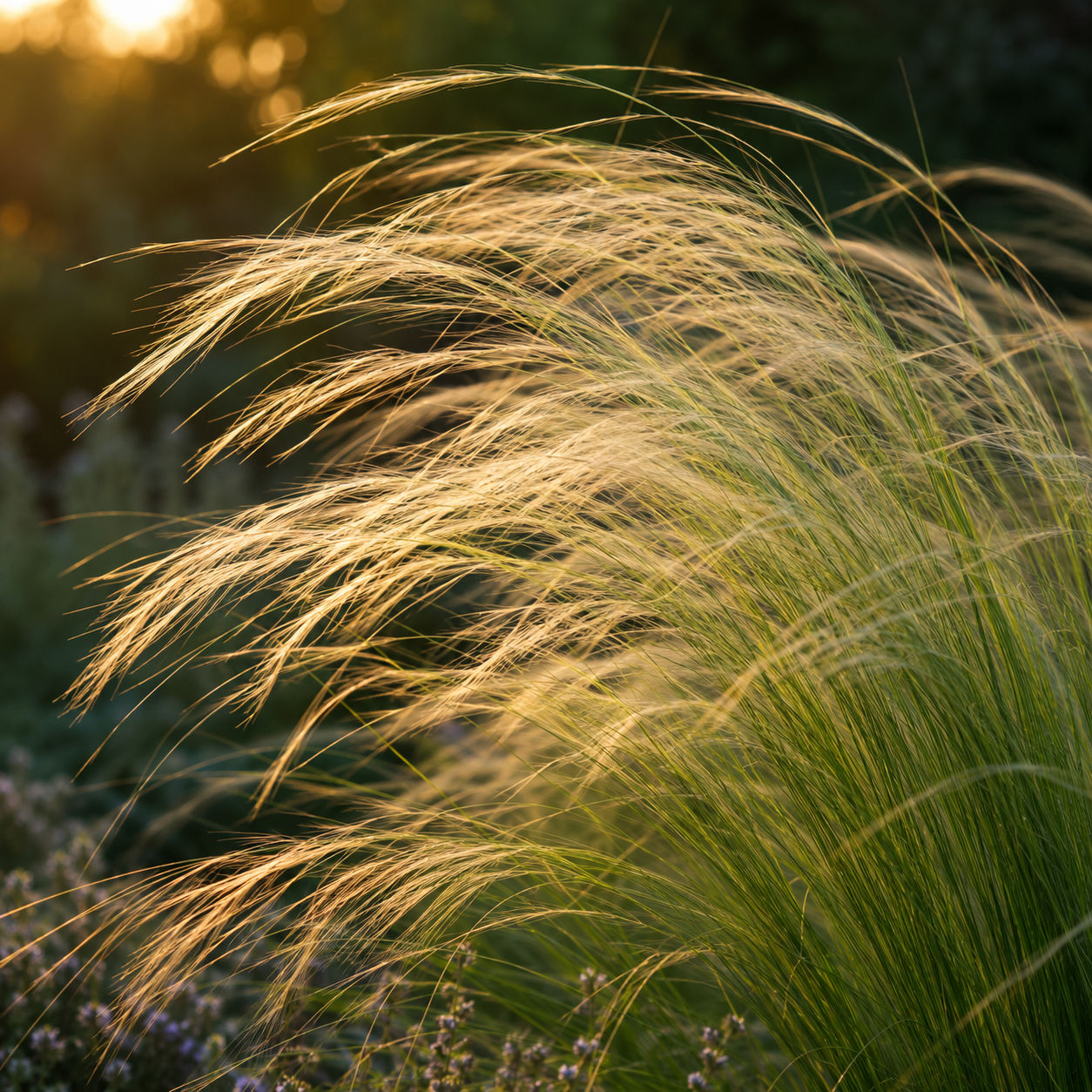 Federgras Stipa tenuissima 'Pony Tails' von Stauden Gänge, zartes Ziergras mit feinen, langen Halmen im Wind.