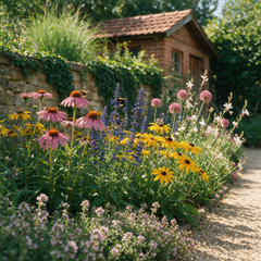 Bienenbeet-Set: Echinacea, Rudbeckia, Salvia, Gaura, Allium und Thymian in einem sonnigen Staudenbeet