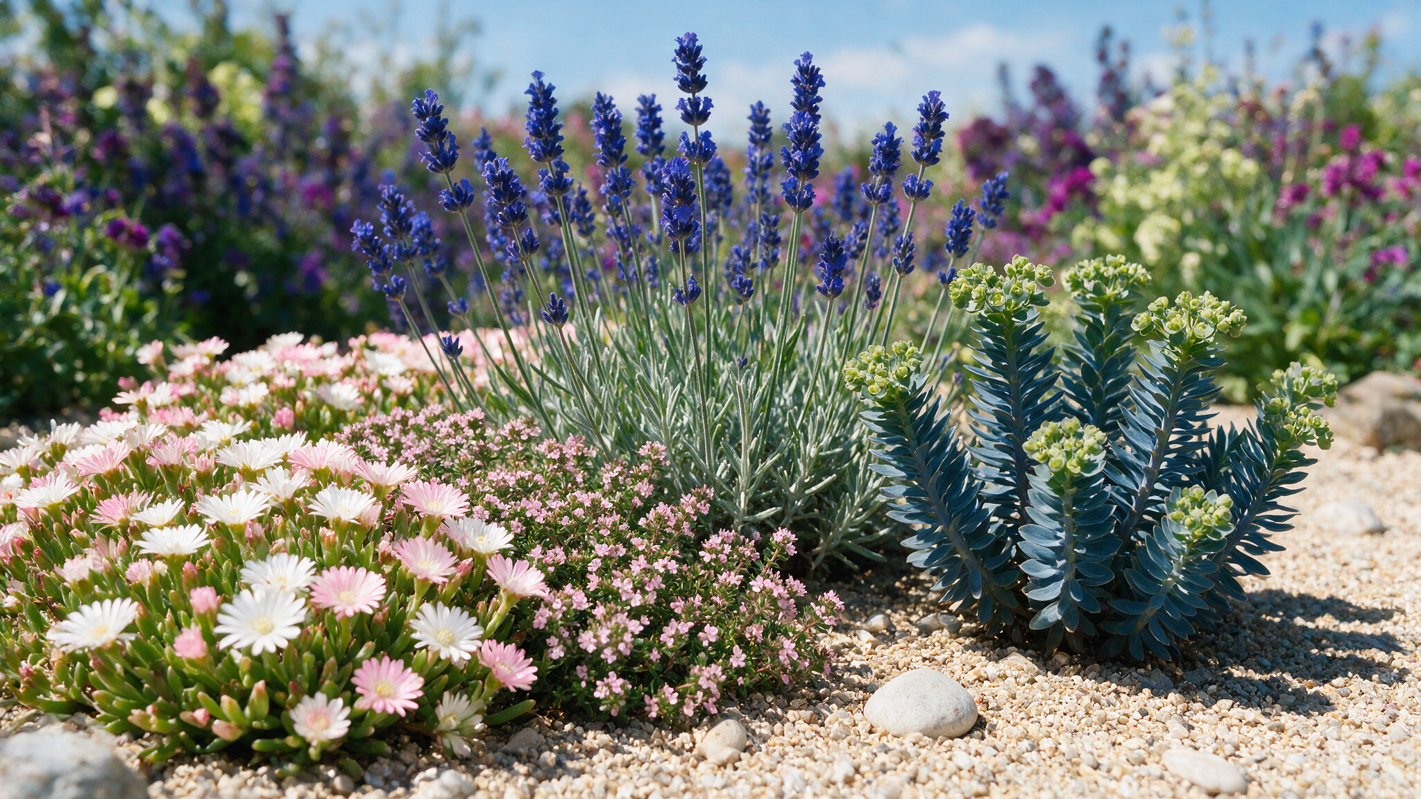 Lavendel, Mittagsblume und Thymian im Kiesbeet – Nahaufnahme