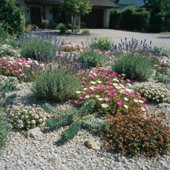 Kiesbeet-Set: Lavendel, Delosperma, Walzen-Wolfsmilch, Thymian, Fingerkraut und Stachelnuesschen in einem trockenen Kiesbeet