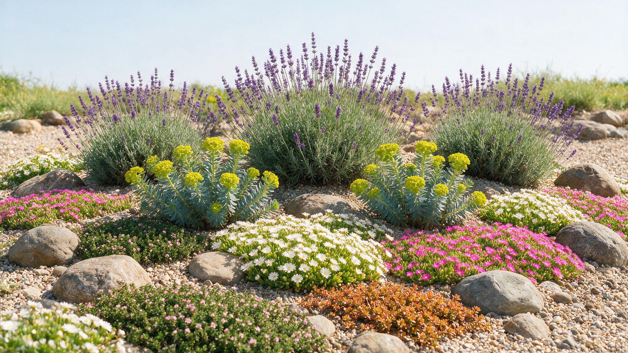 Kiesbeet in voller Sonne mit Lavendel, Wolfsmilch und Polsterstauden