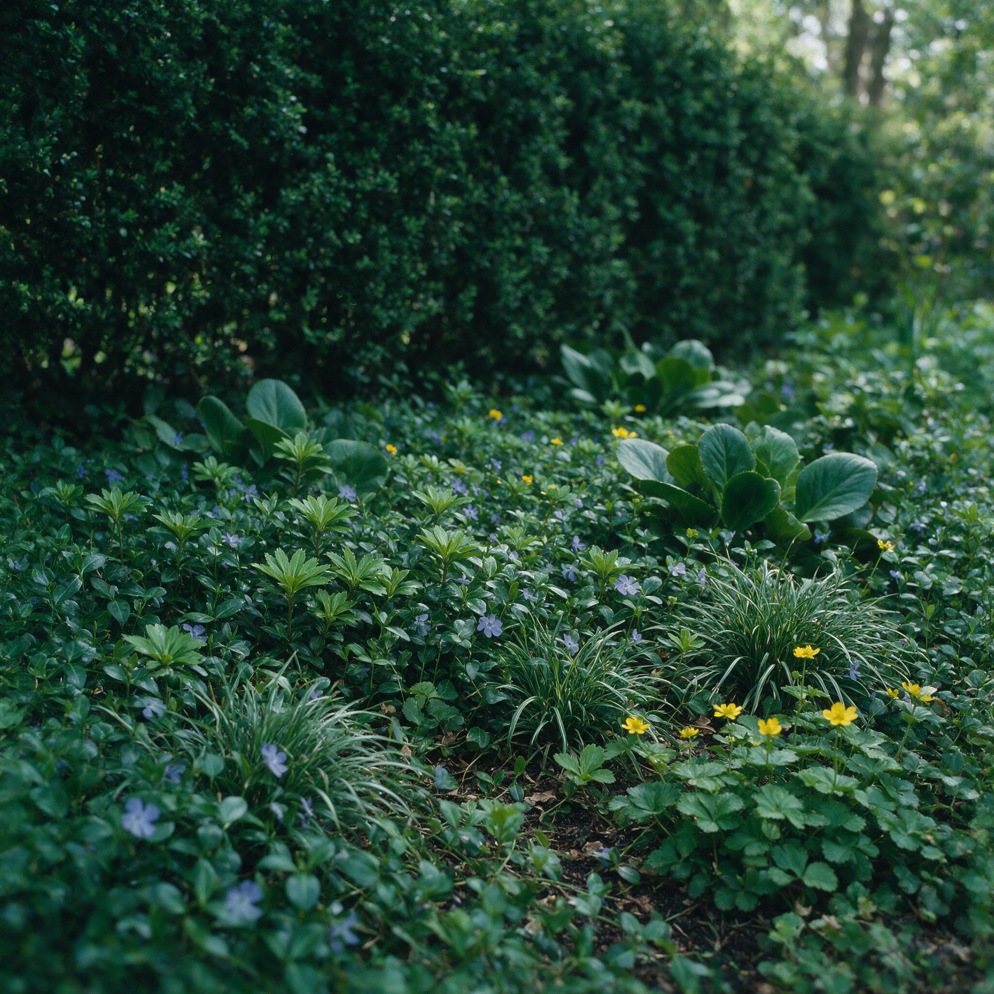 Bodendecker-Set Immergruen: Vinca minor, Pachysandra, Waldsteinia, Ophiopogon und Bergenia als geschlossene Flaeche im Schatten