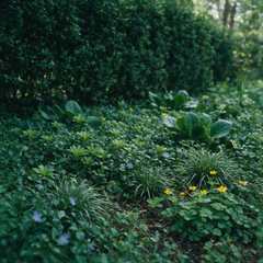 Bodendecker-Set Immergruen: Vinca minor, Pachysandra, Waldsteinia, Ophiopogon und Bergenia als geschlossene Flaeche im Schatten