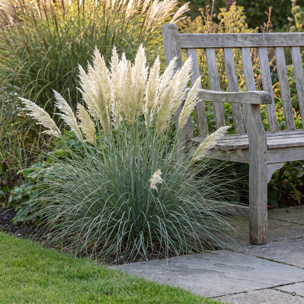 Cortaderia selloana 'Tiny Pampa' Zwerg-Pampasgras an einer Terrassenkante, cremeweiße Federwedel auf Höhe der Armlehne einer Gartenbank, Stauden Gänge.