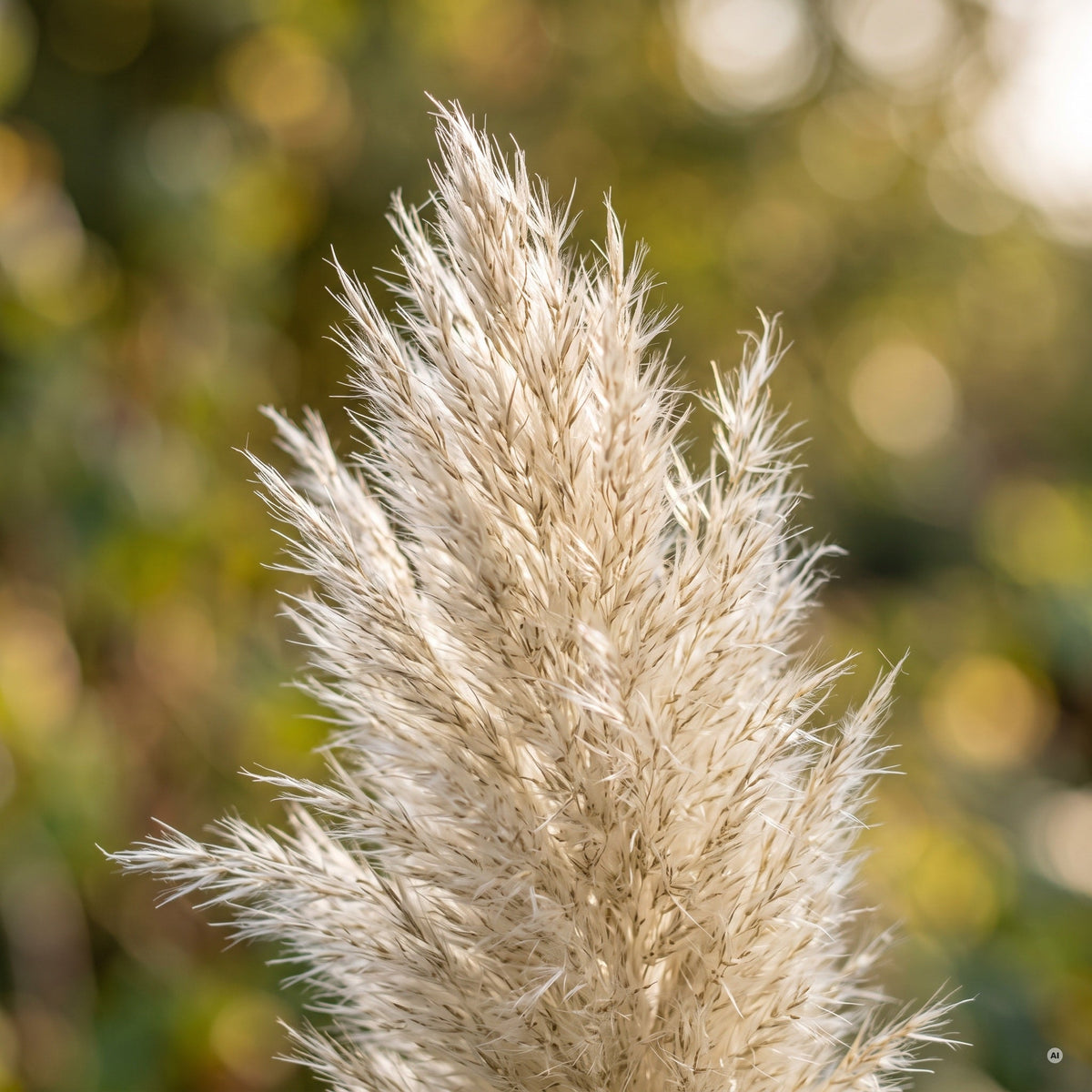 Makroaufnahme der cremeweißen Federwedel von Cortaderia selloana 'Tiny Pampa' im Gegenlicht, Stauden Gänge.