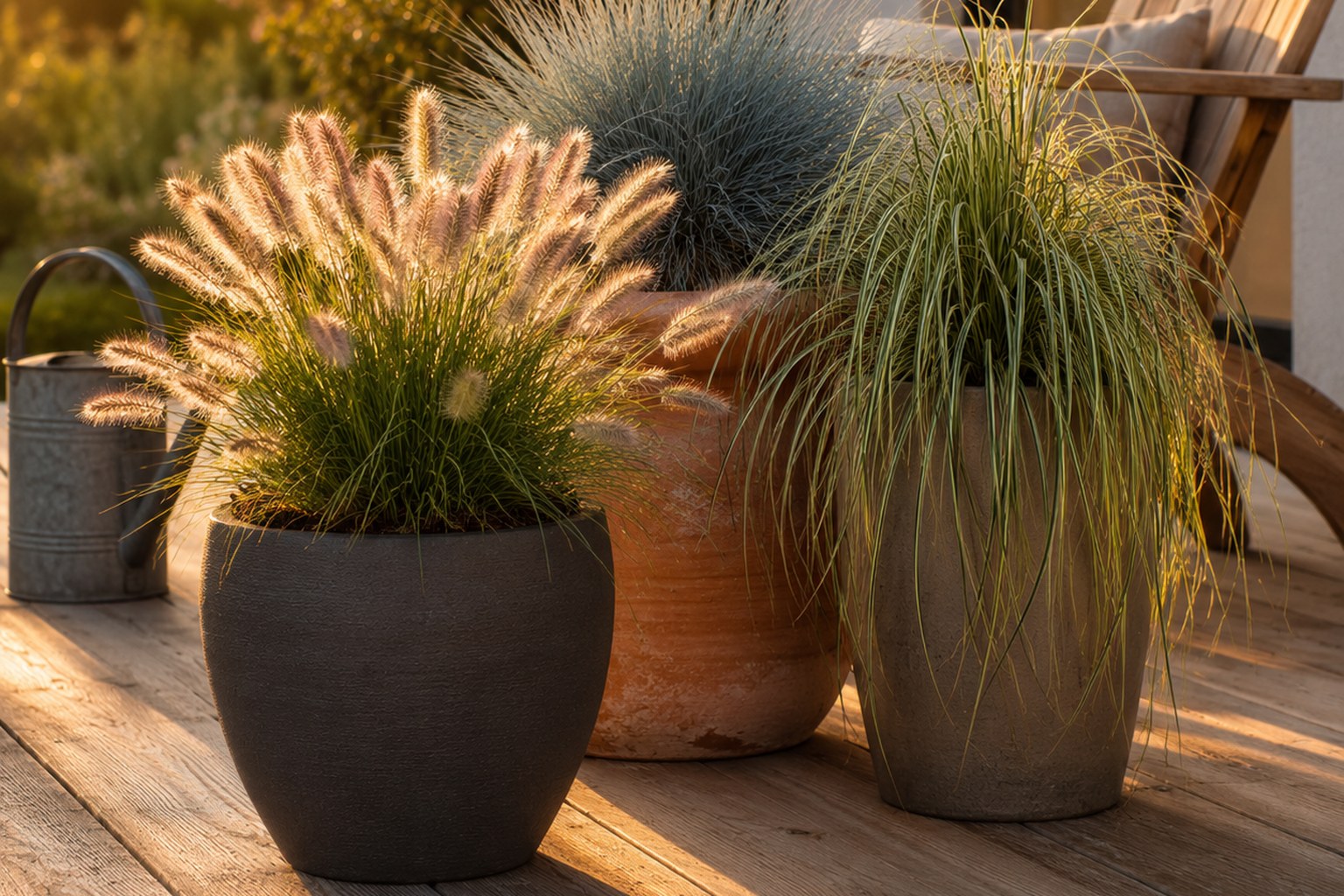 Ziergräser in Kübeln auf einer Terrasse im Abendlicht – Zwerg-Lampenputzergras, Blauschwingel und Segge