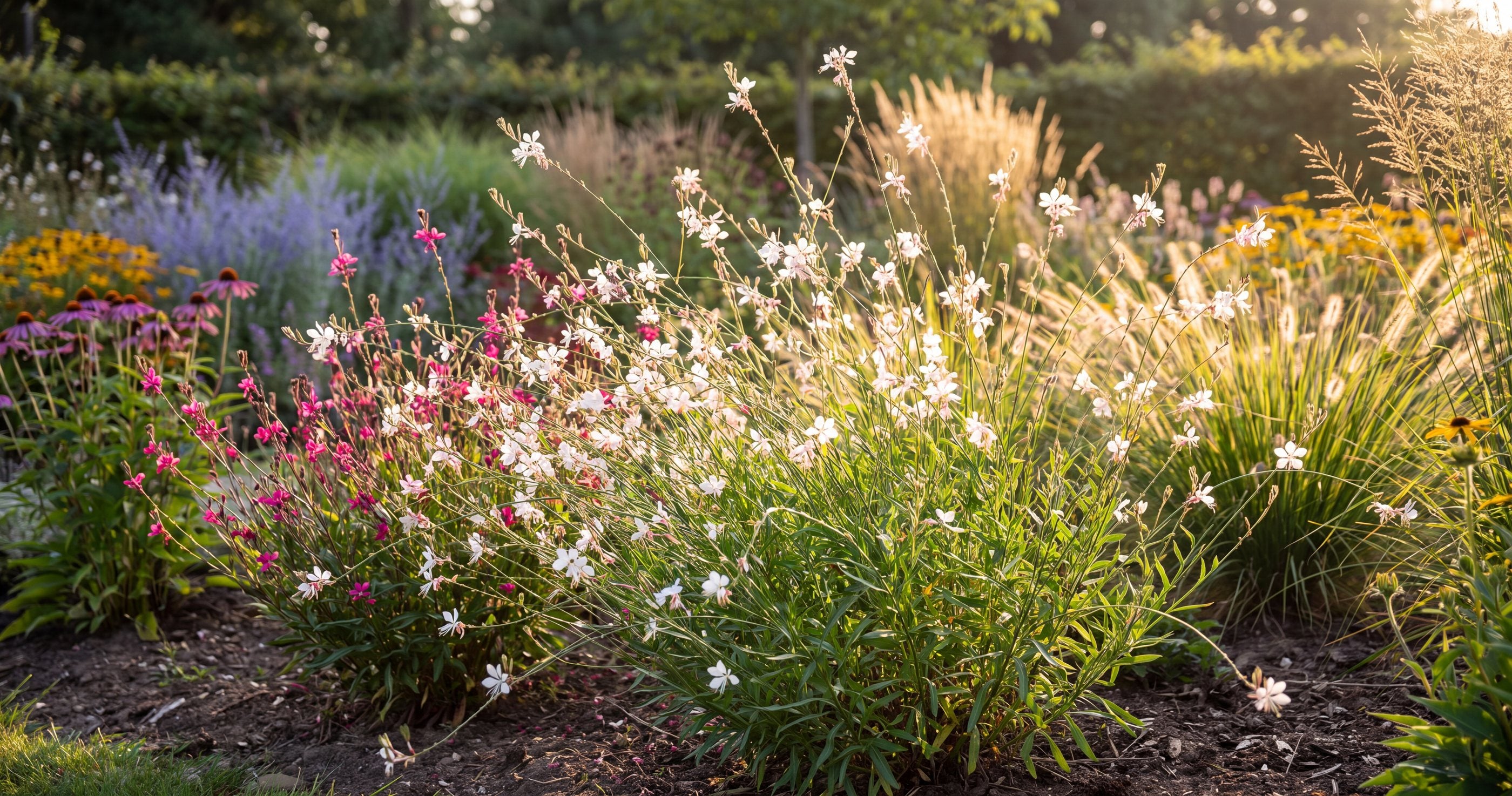 Weisse und rosa Prachtkerzen (Gaura lindheimeri) im vollsonnigen Staudenbeet im Abendlicht