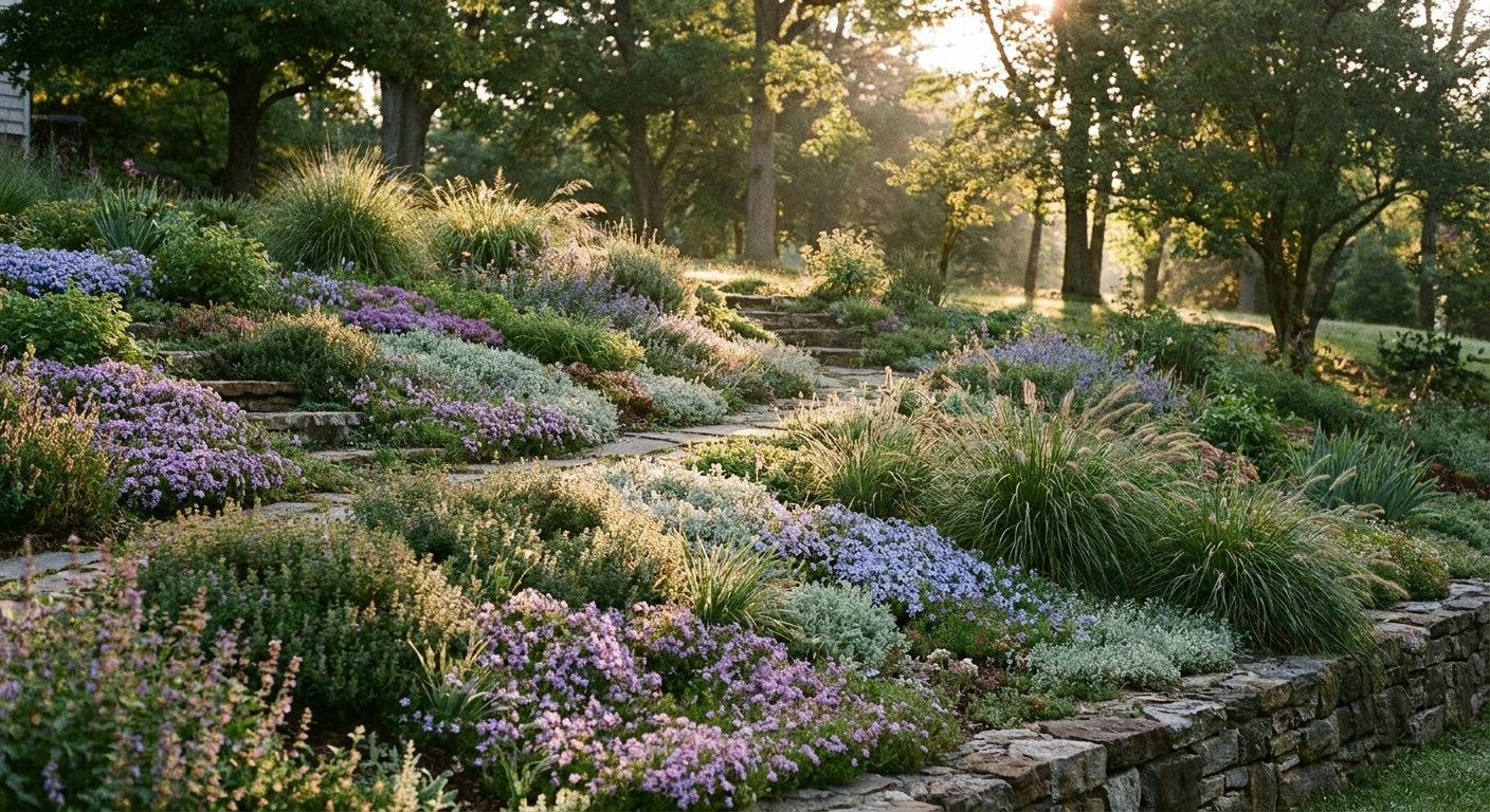 Hangbefestigung mit Stauden und Bodendeckern: dicht bepflanzter blühender Gartenhang gegen Erosion